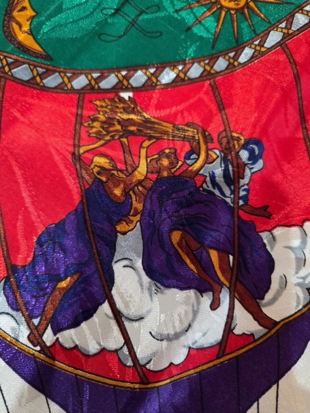Vintage Hot Air Balloon & Cherub Silk Scarf Black Border White Gold 34